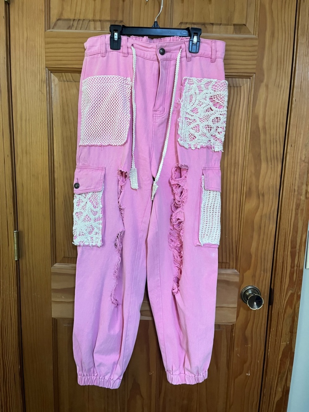 POL Pink Distressed Cargo Joggers with Cream Lace Patches